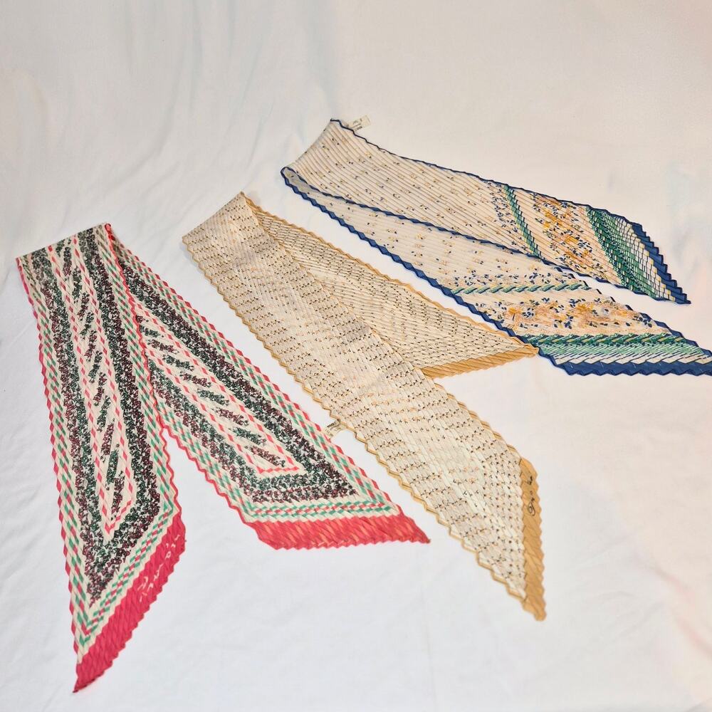 Vintage Plisse Pleated Hair Scarves Lot of 3 Floral Metallic Lurex Bandanas